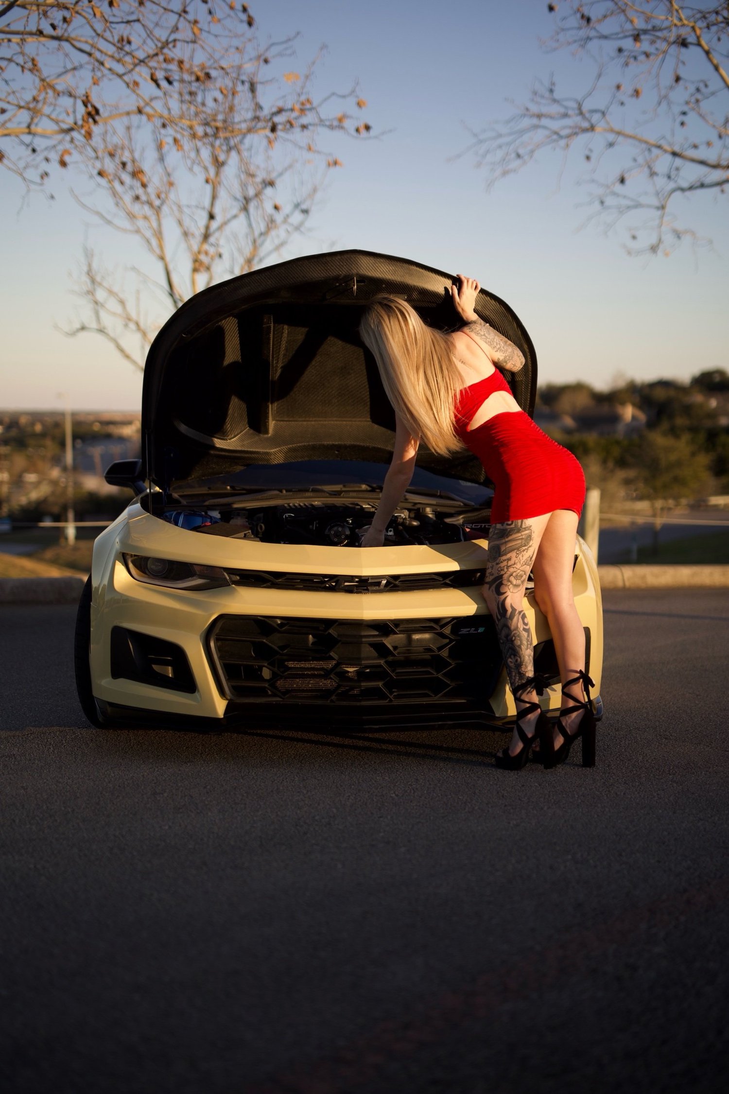 Alexxis Pittman in a red dress working on the ZL1 engine bay